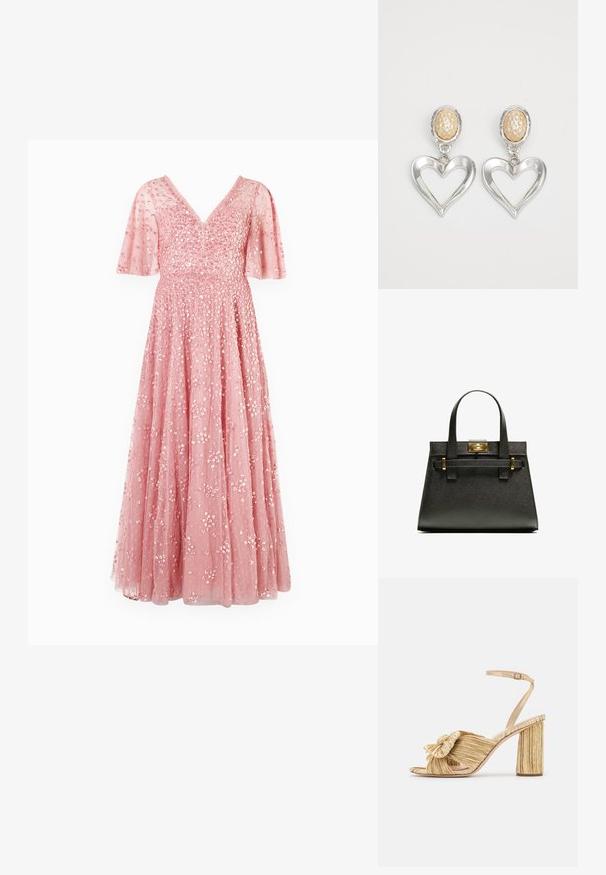 Needle & Thread LEILA DOT V NECK CAPE ANKLE GOWN - Alkalmi viselet - primrose; Arany sarkú szandálok, elől megkötve, pliszírozott textúrával és boka pánttal. A blokksarok bordázott mintázattal rendelkezik, amely javítja a tapadást.; Fekete textúrájú nagy táska rövid fülekkel, arany kapoccsal és kiegészítőkkel. A design szerkezeti, geometrikus sziluettel rendelkezik.; Ezüst szív alakú fülbevalók fényes felülettel. Mindegyik egy texturált bézs ovális studdal rendelkezik. Elegáns és könnyű kialakítás.