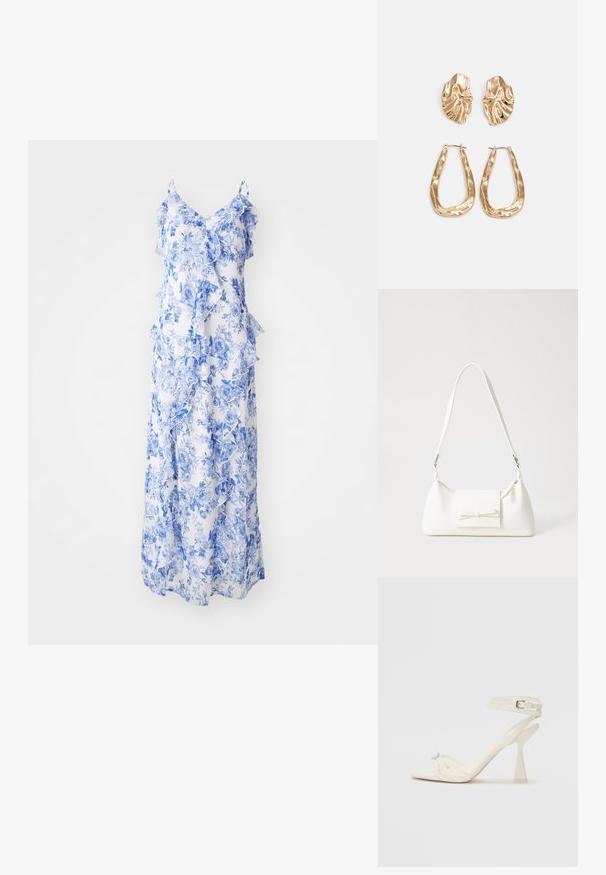 Maxikjole i let materiale med blå blomster mønstre på en hvid baggrund, med flæsedetaljer og tynde skulderstropper.; Høyhælte sandaler med stropp i hvitt lær, med et stilrent design, gjennomsiktig blokkhæl og et dekorativt element ved tåen.; Hvit syntetisk håndveske med trekantet form, flat klaff foran og sløyfe detaljer, justerbar stropp, glatt tekstur og minimalistisk design.; Gullfargede øredobber med teksturerte, bølgete former. Inkluderer skulpturelle klipsstuds og åpen hoop-design med en hamret finish.