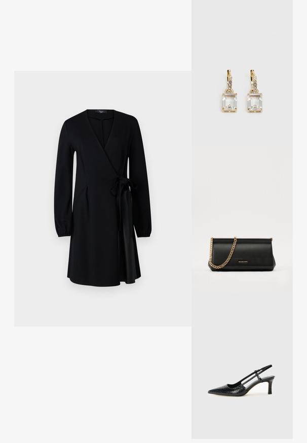 Crna haljina s dugim rukavima, V-izrezom i vezanjem sa strane. Izrađena od glatkog materijala s lepršavim siluetom i dužinom do koljena.; Crne lakirane slingback pete s oštrim vrhom, s teksturiranim uzorkom zmijske kože, podesivom remenom i kratkom, teksturiranom blok-petom.; Crna kožna torbica sa zlatnim lančićem, koja se odlikuje glatkom teksturom, pravokutnim oblikom i utisnutim brendom na prednjoj strani.; Zlatne naušnice s pravokutnim, prozirnim kristalom koji visi ispod niza malih, okruglih prozirnih akcenata. Elegantni, moderni dizajn.