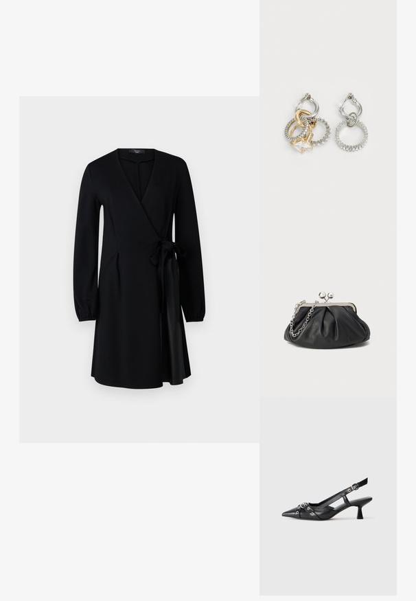 Svart omslagsklänning med lång ärm, V-ringning och sidofäste. Tillverkad av ett mjukt material med en flödande silhuett och knäskärning.; Svart lädersko med slingback-design, spetsig tå, dekorativa remmar med metallöglor och en låg klack. Texturerad yta.; Svart läderclutch med rynkad struktur, silverfärgad metallram, lås med kysslås och kedjesnodd. Slät, mjuk yta.; Örhängen i form av ringar med en kombination av sammanflätade guld- och silverringar, en klar kubisk zirkonia-accent och en strukturerad ring.