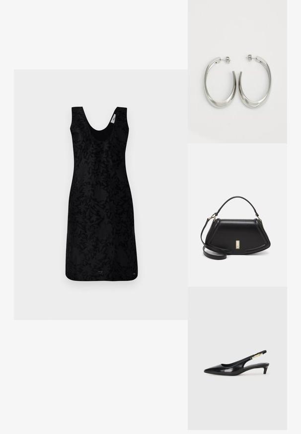 Abito nero senza maniche con scollatura a V, caratterizzato da un motivo floreale testurizzato su tutta la superficie. Il design è strutturato, con una silhouette aderente.; Tacchi slingback in pelle nera con punta affusolata, caratterizzati da un tacco alto e un accento dorato sulla cinghia regolabile. Texture liscia.; Borsa a mano in pelle nera con un design strutturato, caratterizzata da una forma corta, manico superiore e accessori in metallo dorato. Inclusa tracolla regolabile.; Orecchini a cerchio argentati con un design liscio e curvo. Presentano una finitura metallica lucida e una chiusura a perno. Nessun motivo o accentuazione visibile.