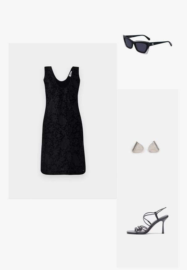 Vestido preto sem mangas com decote em V, apresentando um padrão floral texturizado por toda a peça. O design é estruturado, com uma silhueta ajustada.; As sandálias de salto alto pretas apresentam tiras finas com um design em nó, uma biqueira quadrada lisa e um elegante salto agulha.; Óculos de sol oversized pretos com forma geométrica, apresentando lentes escuras e um detalhe cinza em contraste na armação. Logotipo na haste.; Brincos de metal prateado com uma forma suave de gota e um acabamento polido. Gravações subtis adicionam detalhe. Design minimalista.