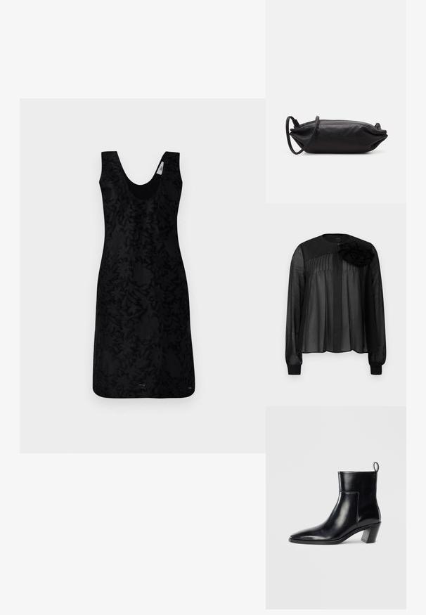 Robe noire sans manches avec un décolleté en V, présentant un motif floral texturé sur l'ensemble. Le design est structuré, avec une silhouette ajustée.; Blouse noire à manches longues en voile transparent, ornée de plis à l'avant et d'une fleur en tissu superposée sur l'épaule gauche. Fermeture à boutons au niveau du cou.; Bottine en cuir noir avec un bout pointu, un talon empilé géométrique et une languette à l'arrière. Texture lisse et design épuré.; Pochette en cuir noir de forme rectangulaire, texture lisse, fine bandoulière et design minimaliste.