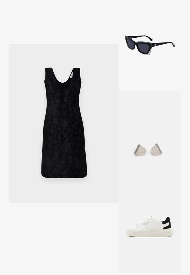 Černé šaty bez rukávů s výstřihem do V, s texturovaným květinovým vzorem po celém povrchu. Design je strukturovaný, s přiléhavým střihem.; Bílé kožené tenisky s tlustou bílou podrážkou, černým semišovým akcentem na patě a vyraženým logem na boku. Šněrovací design se šesti očka.; Černé oversized sluneční brýle geometrického tvaru, s tmavými skly a kontrastním šedým detailem na rámu. Logo na rameni.; Stříbrné kovové náušnice s hladkým tvarem slzy a lesklým povrchem. Jemné rytiny přidávají detail. Minimalistický design.