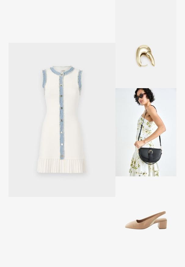 Õlavarreteta valge kleit, millel on kulunud denim-paneel ja nööpidega esikinnitamine, lisaks plekitud alumine äär tekstuuri jaoks.; Beežid slingback sandaalid terava ninaga, valmistatud siledast nahast. Omavad plokknaha ja kontrastset paneeli küljel.; Mustmust mustraha kõverate joontega, eemaldatava rihmaga ja kuldsete detailidega. Kotil on klapp, millel on pandladetail.; Kuldtooni metallist kõrvarõngas, millel on elegantne ja kaarjas disain. Omab silmapaistvat teravat kuju, poleeritud pinda ja hingesulgemist.