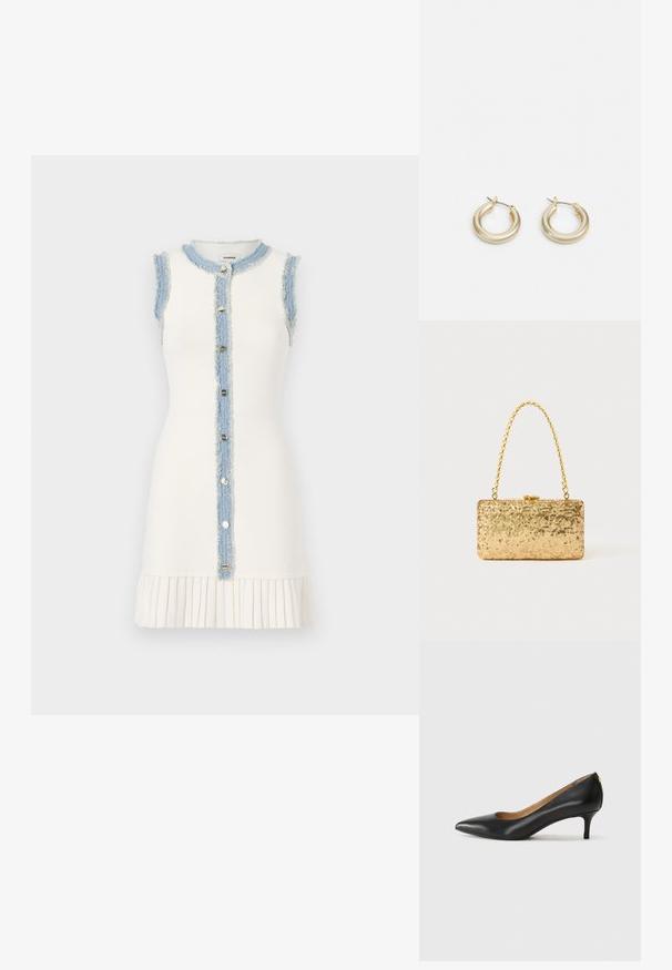 Ermeløs hvit kjole med en utfranse denimpanel og knappelukking foran, med plisserte nederkant for tekstur.; Sorte lærpumpe med spiss tå, lav hæl og en glatt tekstur. Har en liten åpning foran og minimalt med beslag bak.; Gullfarget paljetter clutch med rektangulær form, utstyrt med en tvunnet kjedehåndtak og en metallspenne, som reflekterer lys med en teksturert overflate.; Lauren Ralph Lauren BASIC SMALL HOOP - Øredobber - gold-coloured