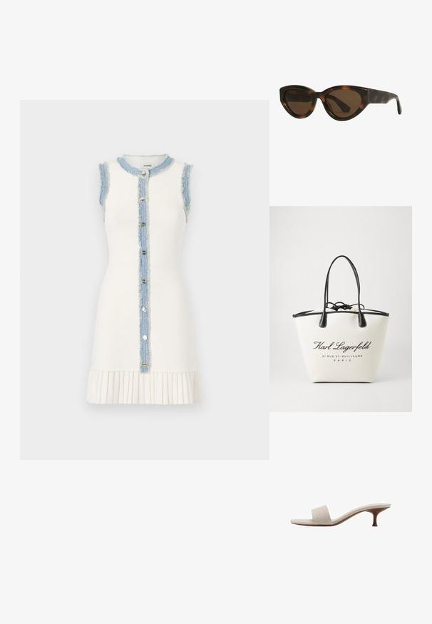 Ärmelloses weißes Kleid mit einem ausgefransten Denim-Einsatz und einer Knopfverschlussleiste an der Vorderseite, das einen plissierten unteren Saum für Textur aufweist.; Fersenlose Sandale mit einem Obermaterial aus beigem gewebtem Stoff, offener Zehenpartie und geschwungenem Holzmittelsohle. Das Design zeichnet sich durch eine glatte Textur und eine minimalistische Form aus.; Schildpatt-farbene Cat-Eye-Sonnenbrille mit braunen Gläsern, ausgestattet mit glatten, glänzenden Kunststoffrahmen und einem eleganten Design. Keine sichtbaren Logos oder Akzente.; Canvas-Shopper-Tasche in Creme mit schwarzen Lederelementen, ausgestattet mit einem Kordelzugverschluss und bedrucktem Logotext. Glatte Textur und strukturierte Form.