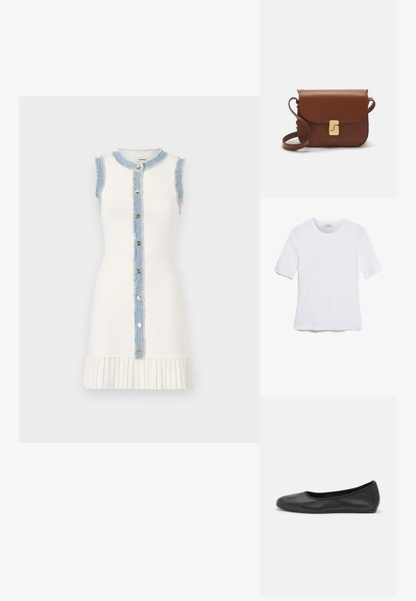 Bez piedurknēm balta kleita ar noberztu džinsu paneļa un pogu aizdari uz priekšu, ar piegādātu apakšējo malu, pievēršot uzmanību tekstūrai.; Balta īsām piedurknēm T-krekls, izgatavots no ribota auduma. Apaļš izgriezums, regulāra piegriezuma un diskrēti šuvumu detaļas. Bez printiem vai grafikām.; Melna ādas baleta kurpe ar noapaļotu purngalu, gludu tekstūru, minimālu šuvju detalizāciju un elastīgu zoles dizainu.; Bordo ādas rokas soma ar atloku, zeltītām detaļām, plecu siksnu un gludu virsmu. Kompakta, taisnstūrveida forma.