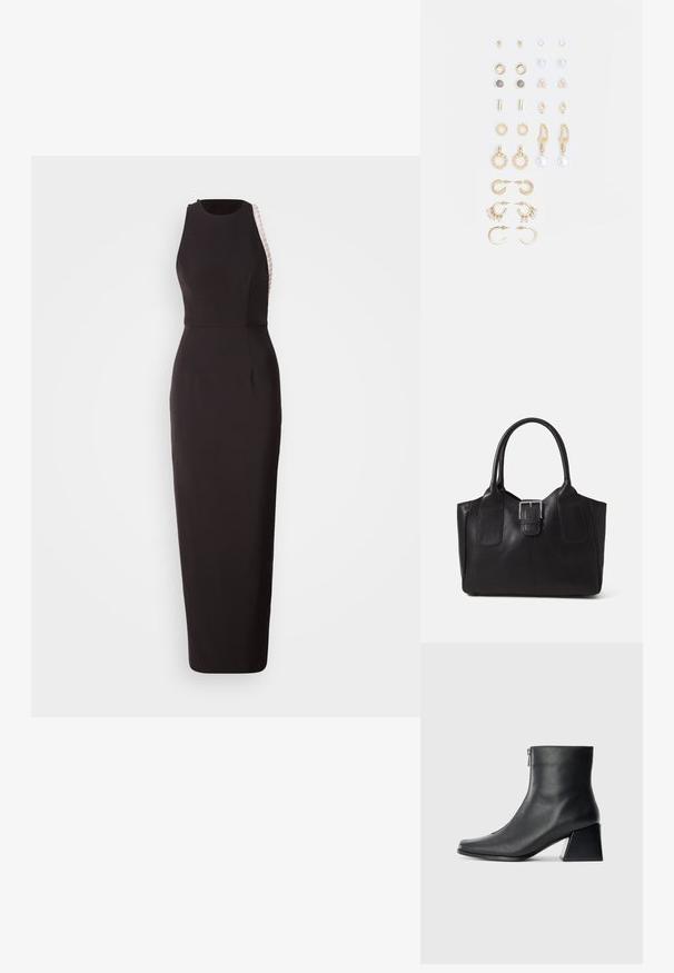 Musta olkaimeton mekko, jossa on tiukka siluetti. Mekossa on teksturoitu sivupaneeli ja hienovarainen ympyräkaula-aukko. Valmistettu sileästä kankaasta.; Mustat nahka nilkkurit, joissa on nelikulmainen kärki, sivuvetoketju ja lohkarekorko, taustalla vaalea yksinkertainen tausta.; Musta nahkainen olkalaukku, jossa on sileä pinta, ryhdikäs muoto, kaksi kahvaa ja silmienpistävä hopeinen solkiyksityiskohta edessä.; Kultasetti kultaisenvärisiä korvakoruja, jotka sisältävät erilaisia muotoiluita, kuten nappikorviksia, rengaskorviksia ja roikkuvia korviksia, joissa on helmiä ja strasseja.