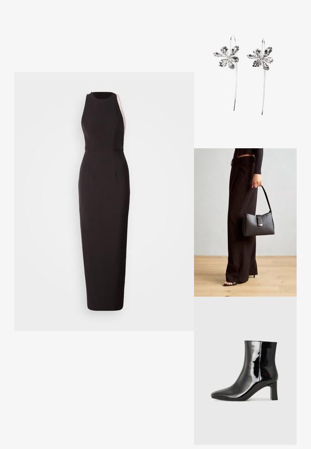 Svart ermeløs kjole med en tettsittende silhuett, med en teksturert sidepanel og subtil utringning. Laget av glatt stoff.; Sorte patentlær ankle boot med spiss tå og en mellomhøy blokkhelt. Glatt tekstur og minimalistisk design.; Svart håndveske med strukturert form, jevn tekstur og metallisk lås. Kombinert med brede svarte bukser og sandaler med åpen tå på tregulv.; Sølvblomstformede ørevipper med en teksturfinish, der har lange kroker og kronbladlignende detaljer for et intrikat design.
