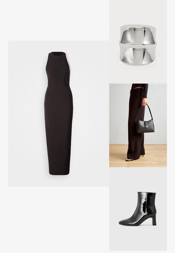 Fekete, ujjatlan ruha, testhez álló silhuettel, texturált oldalsó panellel és diszkrét kerek nyakkivágással. Simább anyagból készült.; Fekete lakk bőrcipő bokáig érő, hegyes orral és közepes magasságú tömbsarokkal. Simább textúrával és minimalista dizájnnal rendelkezik.; Fekete kézi táska strukturált formával, sima textúrával és fémből készült záródással. Széles fekete nadrággal és nyitott orrú szandállal párosítva, fából készült padlón.; Ezüst karkötőgyűrű sima, fényvisszaverő felülettel. Cikkcakkos kialakítással és széles sávval rendelkezik, ami modern, minimalista megjelenést kölcsönöz.
