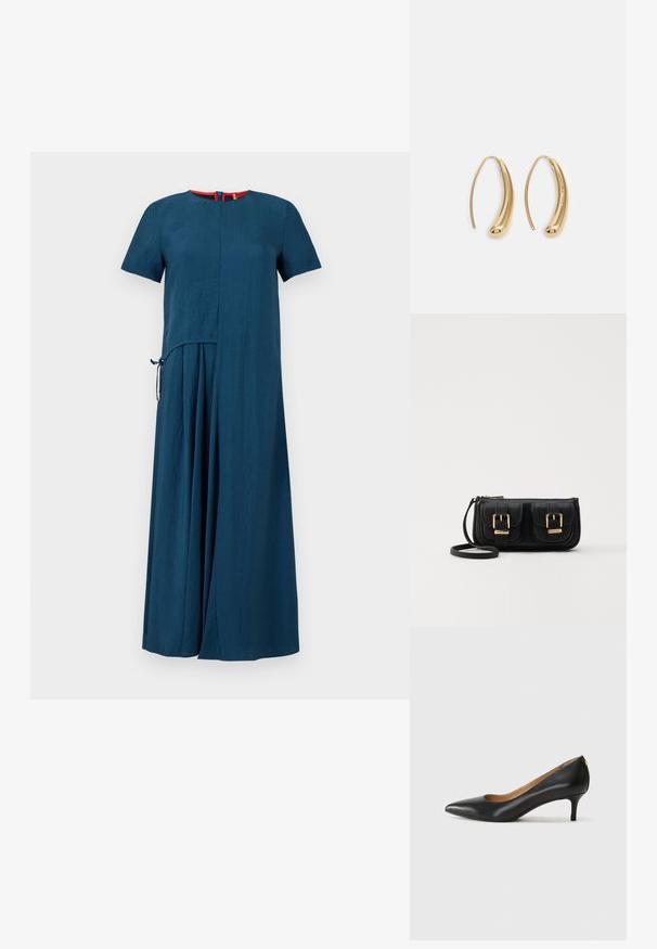 Tyrkisk kjole med korte ermer, enkel rund halslinje og en litt asymmetrisk design. Har en sidesløyfe detaljer og myk tekstur.; Sorte lærpumpe med spiss tå, lav hæl og en glatt tekstur. Har en liten åpning foran og minimalt med beslag bak.; Svart skinn crossbody veske med to frontlommer, gyldne spenner, glidelåslukking og en slank stropp. Teksturert overflate og kompakt rektangulær form.; Gullfargede metalløredobber med en buet, forlenget form. Har en jevn, blank overflate og en avrundet tupp for ekstra detaljer.