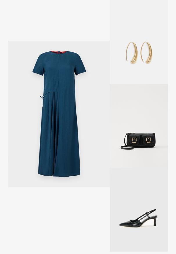 Tealklänning med korta ärmar, enkel rund halsringning och en något asymmetrisk design. Har en sidoknutdetalj och mjuk textur.; Svart lackskin slingback-häl med spetsig tå, med texturerad ormskinnsprint, justerbar rem och en kort, texturerad blockklack.; Svart läderaxelväska med två framfickor, guldspännen, dragkedjestängning och en smal rem. Texturerad yta och kompakt rektangulär form.; Guldtonade metallörhängen i en kurvad, avlång form. Har en slät, glänsande yta och en rundad spets för en extra detalj.
