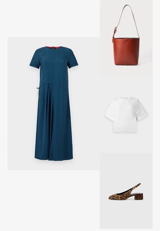 Türkizkék ruha rövid ujjakkal, egyszerű, kerek nyakkivágással és enyhén aszimmetrikus kialakítással. Oldalsó megkötő részletekkel és puha textúrával rendelkezik.; Fehér, rövid ujjú felső kerek nyakkal és csipke részletekkel az ujjakon. Sima anyagból készült, enyhén cropped fazonú.; Női leopárdmintás, csak hátsó pánttal rendelkező cipő, alacsony tömbsarkúval és arany csattal az oldalpánton, oldalsó profilban látható, sima háttéren.; Barna bőr vödör táska állítható vállpánttal és aranyszínű csattal, egyszerű függőleges varrással az elején.