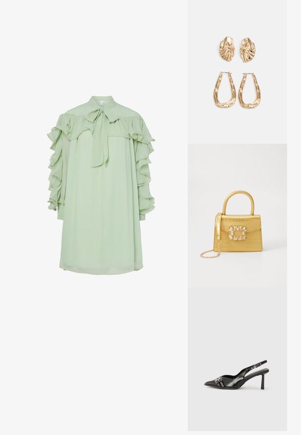 Vestido midi verde claro com mangas longas em babados e colarinho com laço, apresentando um ajuste solto e fluido.; Sapato slingback preto em pele patentada com bico apontado, tiras no tornozelo apresentando fivelas e acessórios prateados, e um salto elegante.; Bolsa amarela em pele de crocodilo falsa, com um design estruturado, pega no topo, alça de corrente removível e decoração de cristal no fecho.; Brincos em tom de ouro com formas onduladas e texturizadas. Inclui studs escultóricos com presilha e um design de argola aberta com um acabamento martelado.