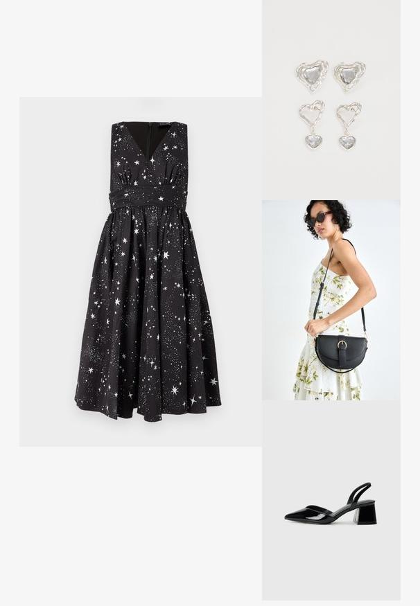 Juoda bekraščio suknelė su V formos iškirpte, susikaupusiu juosmeniu ir pilna sijonu; turi baltus žvaigždžių raštus ir paslėptą užtrauktuką nugaroje.; Juodos lakuotos odinės šlepetės su smailiu pirštu ir geometriniu bloko kulnu. Turi elegantišką, minimalistinį dizainą ir lygų paviršių.; Juodas odinis krepšys su išlenkta forma, nuimamu dirželiu ir auksiniais detalėmis. Krepšys turi kilpą su sagtimi.; Sidabrinės širdelės formos auskarai puošti facetuotais skaidriais akmenimis, su tekstūruotu rėmu. Rinkinį sudaro tiek auskarai-stud, tiek kabančios formos.