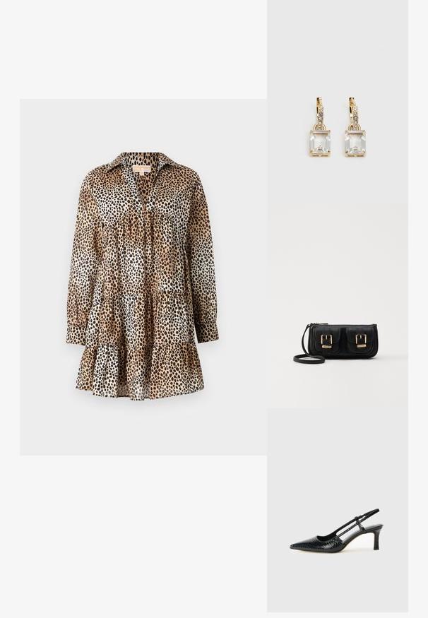 Leopárdmintás ruha könnyű anyagból. Galléros nyakkivágással, hosszú ujjakkal és réteges fodros szegéllyel rendelkezik. Színek: bézs, fekete, barna.; Fekete lakk slingback sarok, hegyes orral, texturált kígyómintával, állítható pánttal és rövid, texturált tömbsarkal.; Fekete bőr keresztbody táska két elülső zsebbel, arany csattokkal, cipzáras záródással és vékony pánttal. Textúrált felület és kompakt téglalap alak.; Aranyszínű fülbevalók, melyek egy téglalap alakú, tiszta kristállyal díszítették, ami egy sor kis, kerek, tiszta kiegészítő alatt lóg. Letisztult, modern dizájn.