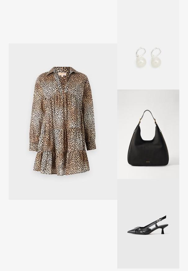 Rochie cu imprimeu de leopard, realizată dintr-un material ușor. Prezintă un guler, mâneci lungi și un tiv cu volane în straturi. Culori: bej, negru, maro.; Pantofii slingback din piele neagră, cu vârful ascuțit, curele decorative cu ochiuri din metal și toc bloc mic. Suprafață texturată.; MICHAEL Michael Kors NOLITA HOBO  - Geantă de mână - black; Cercei cu pandantiv din perle, având o suprafață lustruită, cu un sistem de prindere tip lever back de culoare argintie și perle albe rotunde. Design simplu și clasic.