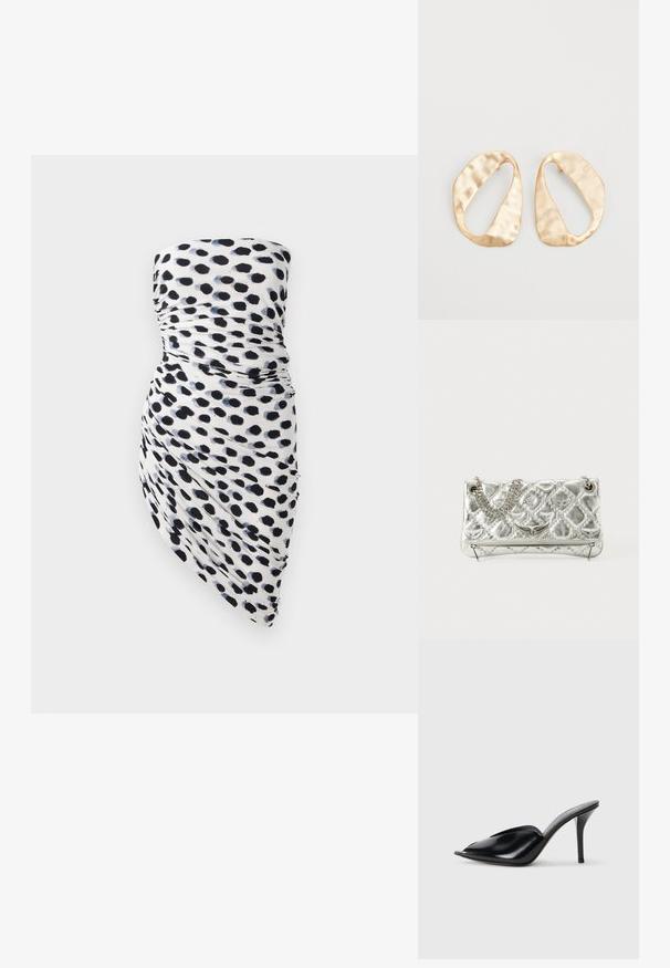 Õlgadeta kleit, millel on valge alus ja mustade ja tumesiniste pallidega mustrid, kortsunud disain ja asümmeetriline alläär, mis loob vooluva silueti.; Mustad nahast kõrge kontsaga mulad avatud varbaga, terava disainiga, siledapinnalised ja kitsaste stilettokontsadega.; Hõbedane metallist käekott ahelakäepidemega, koos tepitud tekstuuri, dekoratiivse õmbluse ja lukuga. Esiküljel on embosseeritud aktsendid.; Eba paar eba ebaorditud ovaalkujulisi kuldehhe kaal setertu, kerge keersuju  pinnaga valgel taustal.