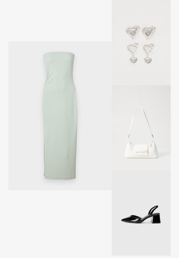 Fűző nélküli, mentazöld midi ruha sima, rugalmas anyagból. Testhezálló fazonja és oldalsó hasítéka van a nagyobb mozgásszabadság érdekében.; Fekete lakk bőr szandálkés magas sarkú cipő, hegyes orral és geometrikus tömbsarkakkal. Karcsú, minimalista dizájn és sima textúra jellemzi.; Fehér szintetikus kézitáska, háromszög alakú, lapos előlap, masni részlettel, állítható pánttal, sima textúrával és minimalista dizájnnal.; Ez az ezüst szív alakú fülbevaló sima, átlátszó kövekkel rendelkezik, texturált kerettel. A készlet stud és csepp stílust is tartalmaz.