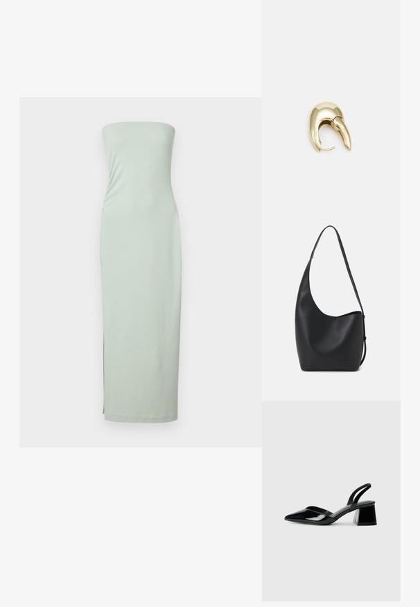 Bešnė, švelniai žalia midi suknelė, pagaminta iš lygaus, tampraus audinio. Pasižymi prigludusia siluetu ir šone esančiu skilimu, suteikiančiu daugiau judėjimo.; Juodos lakuotos odinės šlepetės su smailiu pirštu ir geometriniu bloko kulnu. Turi elegantišką, minimalistinį dizainą ir lygų paviršių.; Juodas odinis hobo maišas su lygiu paviršiumi, kreipta forma ir viena reguliuojama rankena; turi platų atidarymą viršuje.; Aukso tono metalinės auskarai su stilingu, kreiviu dizainu. Išsiskiria ryškiu smailiu pavidalu, poliruota paviršiumi ir užsegimu su vyriu.