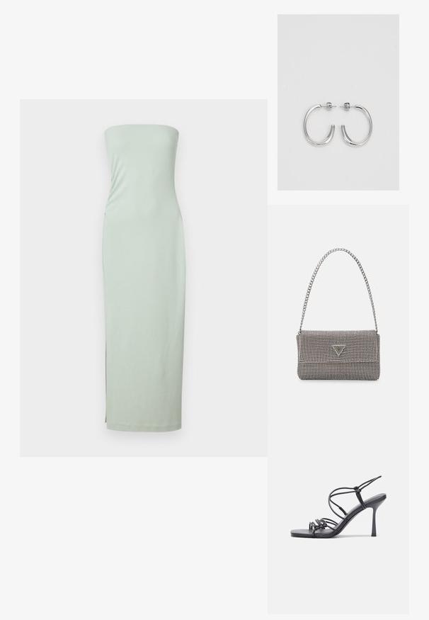 Fűző nélküli, mentazöld midi ruha sima, rugalmas anyagból. Testhezálló fazonja és oldalsó hasítéka van a nagyobb mozgásszabadság érdekében.; Fekete magas sarkú szandálok vékony pántokkal, csomózott mintával, sima négyzetes orral és karcsú stiletto sarkal rendelkeznek.; Világosszürke fémes kézitáska lánc pánttal, kis kör alakú fém kifinomult díszítéssel és háromszög alakú márkagéppel.; Ezüst karika fülbevalók sima, fényes felülettel. Lekerekített forma, könnyű kialakítással, tűs zárómechanizmussal.