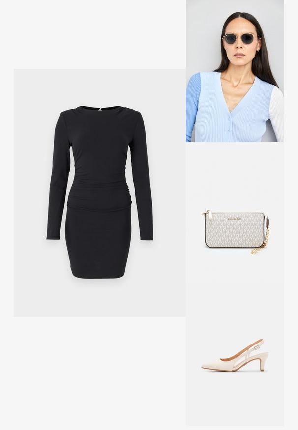 Mustapituinen pitkähihaisia mekko, joka on valmistettu venyvästä materiaalista. Mekossa on kapea siluetti, sivuilla poimutuksia ja pieni aukko selässä kiinnityksellä.; Valkoinen slingback-korkokenkä, jossa on terävä kärki, sileä päällismateriaali, matala lohkokorko ja sivuaukko-design säädettävällä soljella.; Pyöreät aurinkolasit, joissa on tummat linssit ja kultaiset kehykset. Mallilla on päällään vaaleansininen, ribatusta materiaalista valmistettu neuletakki, jossa on napit ja kontrastiväriset valkoiset hihat.; Michael Kors kääröbeige pinnoitettua kangasta, jossa on toistuva MK-logo -kuvio, kultaiset yksityiskohdat ja irrotettava ketjuhihna.