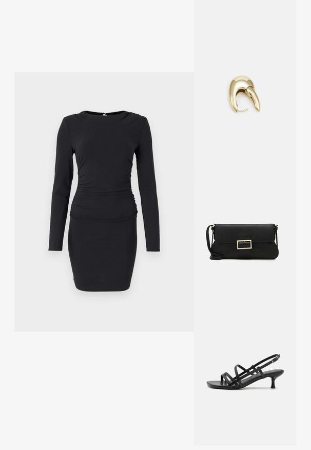 Juoda ilgomis rankovėmis suknelė, pagaminta iš elastingos medžiagos, pasižyminti prigludusia siluetu, raukšlėmis šone ir maža skylute nugaroje su uždarymu.; Juodos aukštakulnės šlepetės su keliais perrištomis juostelėmis. Lygi medžiaga, smailas nosis ir siauras kulnas. Reguliuojama kulkšnies juostelė su sagtimi.; Juodas odinis dėkliukas su atvarteliu ir auksinės metalinės sagties detalėmis. Įeina juodas diržas ir elegantiškas, minimalistinis dizainas.; Aukso tono metalinės auskarai su stilingu, kreiviu dizainu. Išsiskiria ryškiu smailiu pavidalu, poliruota paviršiumi ir užsegimu su vyriu.