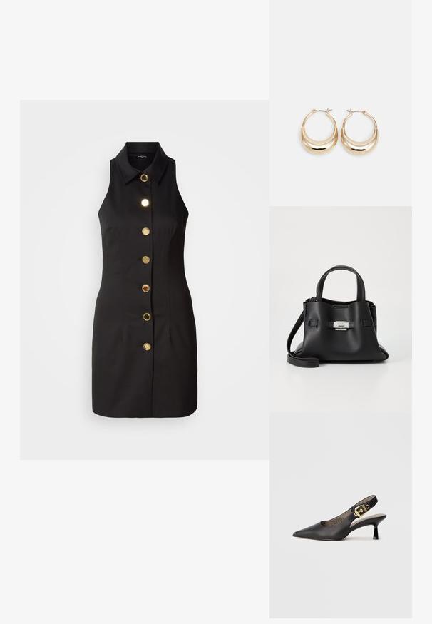 Svart ermeløs kjole med knappelukking foran, utstyrt med store gullknapper og klassisk krage, laget av glattt stoff.; Svart slingback høyhelte sko med spiss tå, glatt skinn tekstur og en gullfarget spenne aksent på stroppen.; Svart skinnveske med teksturert overflate, som har to håndtak på toppen, en avtagbar skulderrem og detaljer med sølvspenne.; Gulltonede hoop-øreringen med en halvmåneform, polert overflate og hengsel-lukking. Glatt tekstur og reflekterende finish øker synligheten.