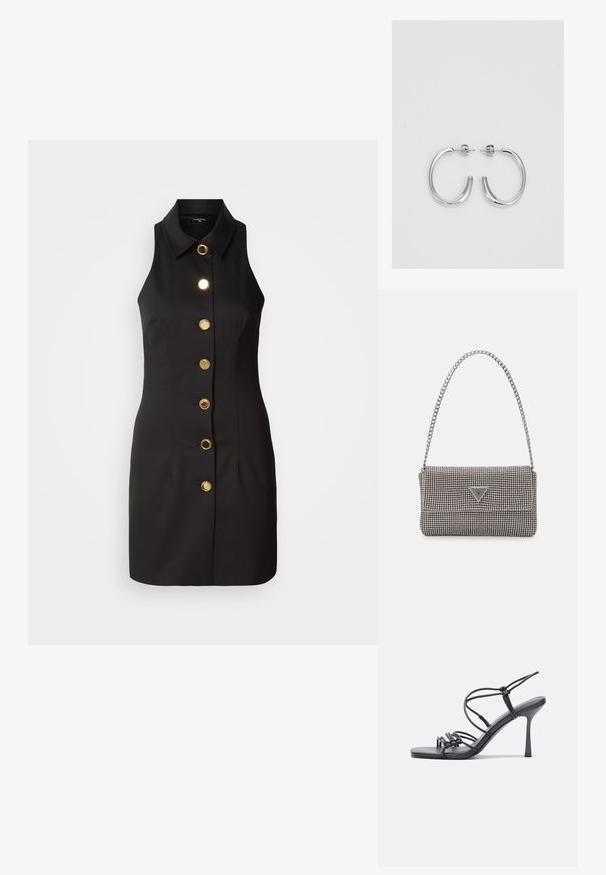 Čierne šatové šaty bez rukávov s predným zapínaním na gombíky, s veľkými zlatými gombíkmi a klasickým golierom, vyrobené z hladkej látky.; Čierne sandále na vysokom podpätku majú tenké remienky s uzlovým dizajnom, hladký štvorcový špičku a elegantný stiletto podpätok.; Svetlošedá metalická kabelka s reťazovým popruhom, ozdobená malými kruhovými kovovými štítkami a trojuholníkovým logom značky.; Strieborné kruhové náušnice s hladkým a lesklým povrchom. Okrúhly tvar, ľahký dizajn, s uzáverom na kolík.