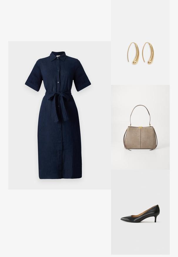 Dress in lino blu navy con bottoni, maniche corte, vita con cintura e taglio dritto. Presenta un colletto classico e cinque bottoni frontali.; Décolleté in pelle nera con punta affilata, tacco basso e texture liscia. Presenta un leggero apertura sulla parte anteriore e hardware minimale sul retro.; Tommy Hilfiger CASUAL SHOULDER BAG - Borsa a mano - coastal taupe; Orecchini a cerchio in metallo color oro con forma curva ed allungata. Presentano una superficie liscia e lucida e una punta arrotondata per un tocco di dettaglio in più.