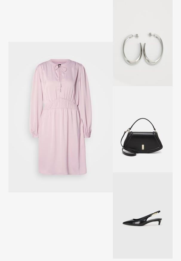 Rochie roz cu mânecă lungă, decolteu rotund, închidere cu șnur, talie strânsă și material neted. Are mâneci puff și o croială lejeră.; Sandale slingback din piele neagră cu vârf ascuțit, având un toc subțire și un accent de culoare aurie pe curea ajustabilă. Textură netedă.; Geantă de umăr din piele neagră, cu un design structurat, având o formă tăiată, mânere superioare și accente din aur. Include o curea de umăr ajustabilă.; Cercei din argint, cu un design neted și curbat. Prezintă o finisare metalică strălucitoare și închidere cu stud. Fără modele sau accente vizibile.