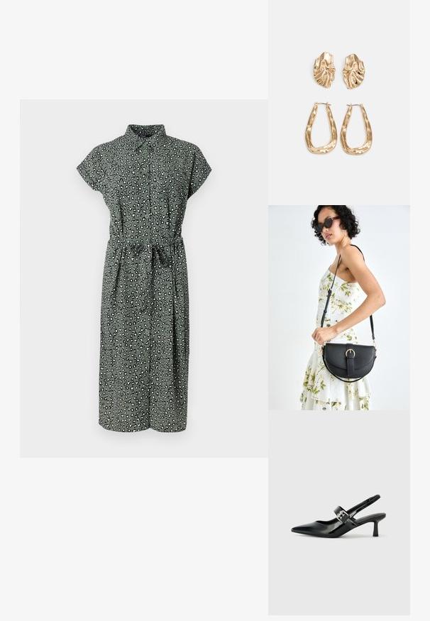 Vestido verde abotoado com estampa de leopardo, mangas curtas, faixa na cintura e comprimento até o joelho. Feito de tecido leve com uma textura suave.; Saltos slingback em verniz preto com bico pontiagudo e um pequeno salto bloco, apresentando um detalhe de fivela prateada na tira.; Bolsa de couro preta com forma curva, alça destacável e detalhes em dourado. A bolsa possui uma aba com detalhe de fivela.; Brincos em tom de ouro com formas onduladas e texturizadas. Inclui studs escultóricos com presilha e um design de argola aberta com um acabamento martelado.