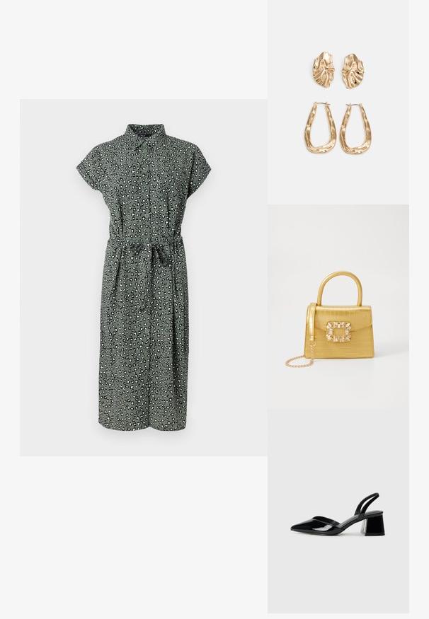 Robe verte à boutons avec motif léopard, manches courtes, ceinture à la taille et ourlet à mi-mollet. Fabriquée en tissu léger avec une texture douce.; Escarpins en cuir verni noir avec bout pointu et talon bloc géométrique. Présente un design élégant et minimaliste ainsi qu'une texture lisse.; Sac à main en faux crocodile jaune avec un design structuré, une poignée supérieure, une bandoulière en chaîne amovible, et un ornement cristallin décoratif sur le fermoir.; Boucles d'oreilles dorées présentant des formes texturées et ondulées. Comprend des clips sculpturaux et un design de créoles ouvertes avec une finition martelée.