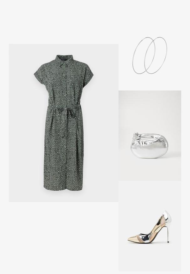 Zaļš pogājams kleitas modelis ar leopardu rakstu, īsām piedurknēm, jostas saitēm un ceļa garuma malu. Izgatavota no viegla auduma ar maigu tekstūru.; Apspīlēta augstpapēžu kurpe ar zeltītu, sudrabi un neitrālu krāsu kombināciju. Spīguļojoša virsma ar izgriezuma dizainu, aprīkota ar stiletto papēdi.; Sudraba metāliska poga somiņa ar mīkstu, noapaļotu formu un mezgla augšējo aizdari. Izgatavota no gludas mākslīgās ādas materiāla.; Sudraba gredzenveida auskari ar minimālistisku dizainu. Cirkulāra forma, gluda tekstūra un plāns profils. Vieglu svaru ar spīdīgu apdari.