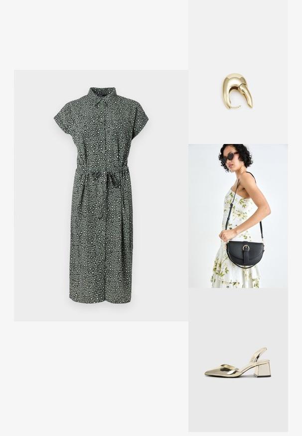 Grønn skjortekjole med leopardmønster, korte ermer, belte i midjen og kne-lengde hem. Laget av lett stoff med en myk tekstur.; Gull, metallisk slingback-hæler med spiss tå og chunky hæl. Glatt tekstur, minimalistisk design og en smal stropp.; Svart lærveske med en buet form, avtagbar stropp og gullbeslag. Vesken har et klaff med spenne-detall.; Gullfarget metalløredobber med et elegant, buet design. Har en karakteristisk spiss form, polert overflate og hengsel-lukking.