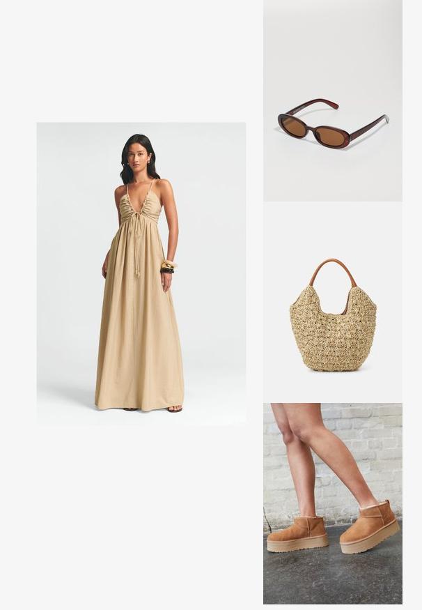 Beež maxi kleit, millel on sügav V-kaelus, kogutud rinnaosa ja nööriga, voolav kangas. Sile tekstuur ja minimalistlik kujundus.; Pruunist seemsest valmistatud pahkluu saapad, millel on pehme vooder, paks beež platvormi konts ja tagumine tõmblukk. Tekstureeritud pind nähtavate õmbluse detailidega.; Ümar, pruunikased päikeseprillid läikiva burgundia raami ja peente kaubamärgi detailidega. Peened sangad ja lame läätsedesain.; Kootud heinatasku, millel on loomulik tekstuur ja pehme, orgaaniline kuju, millel on mugavad pruunid nahk käepidemed.