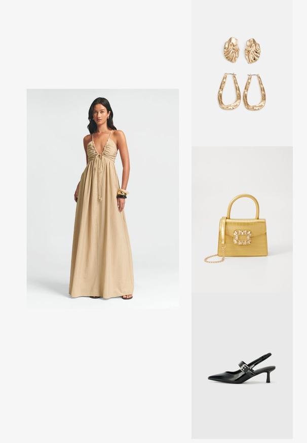 Maxikleid in Beige, mit tiefem V-Ausschnitt, gerafftem Oberteil mit Kordelzug und fließendem Stoff. Glatte Textur und minimale Details.; Schwarze Lackleder Slingback-Absätze mit spitzem Zeh und kleinem Blockabsatz, ausgestattet mit einem silbernen Schnallenakzent am Riemen.; Gelbe Kunstleder-Handtasche im Krokodil-Look mit strukturiertem Design, Obergriff, abnehmbarem Kettenriemen und dekorativer Kristallverzierung am Verschluss.; Ohrringe in Goldoptik mit strukturierten, gewellten Formen. Beinhaltet skulpturale Clip-Ohrringe und ein offenes Hoop-Design mit gehämmertem Finish.