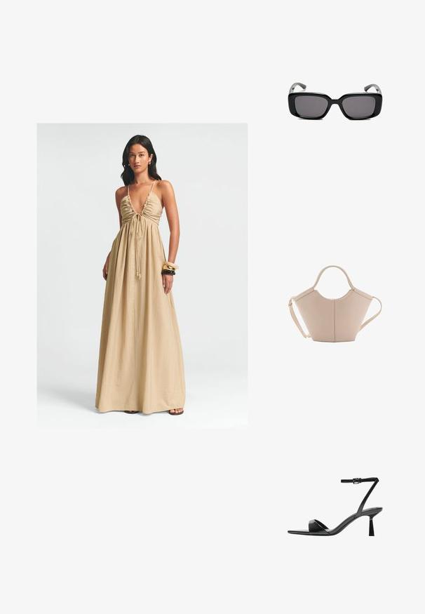Maxikleid in Beige, mit tiefem V-Ausschnitt, gerafftem Oberteil mit Kordelzug und fließendem Stoff. Glatte Textur und minimale Details.; Bershka High Heel Sandalette - black; Schwarze rechteckige Sonnenbrille mit dunklen Gläsern, glattem Kunststoffrahmen und gebogenen Bügeln. Das Design ist klobig mit einer minimalistischen Ästhetik.; Beige Lederhandtasche mit einer einzigartigen Form, die zwei kurze Henkel und einen langen verstellbaren Riemen aufweist. Glatte Textur mit minimalen Hardware-Elementen.