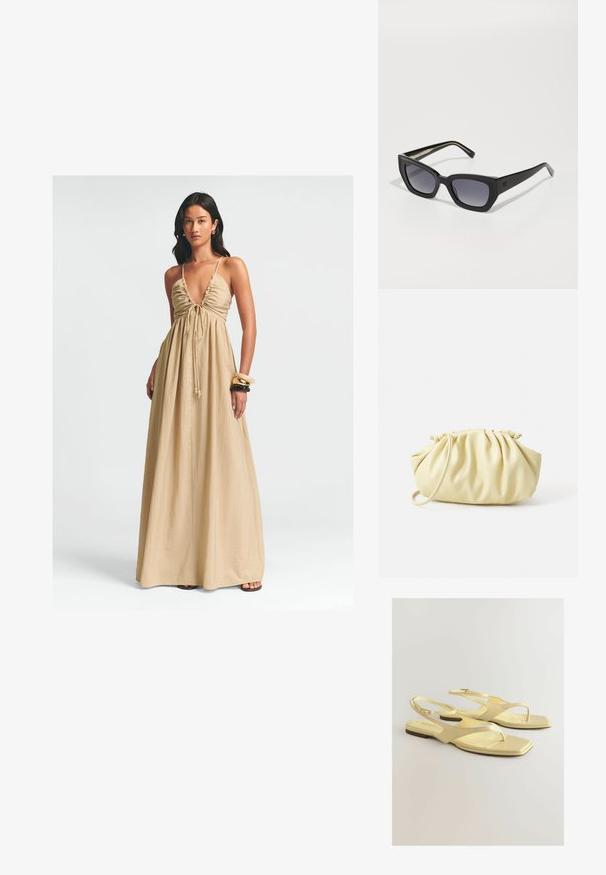 Vestido maxi en beige, con un escote en V profundo, un cuerpo fruncido con cordón y una tela fluida. Textura suave y detalles mínimos.; Sandalias planas amarillas con parte superior de cuero sintético texturizado, diseño de tira para el dedo del pie y correa en el tobillo con una pequeña hebilla. Forma de puntera cuadrada, estilo minimalista.; Gafas de sol negras estilo cat-eye con lentes degradados, montura gruesa y brazos rectos. Presenta un logo discreto en las patillas.; Bolso amarillo plisado hecho de cuero sintético suave, con una forma blanda y una sola correa para el hombro, además de un diseño de parte superior recogida.