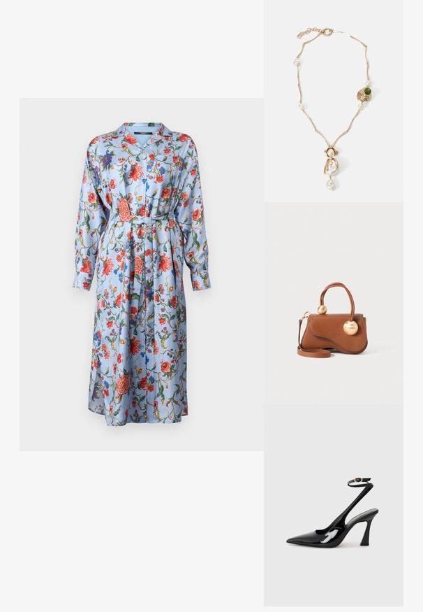 WEEKEND MaxMara GAIA - Robe chemise - azzurro; Escarpins noirs en cuir verni avec un bout pointu, sangle ajustable à la cheville et un talon bloc modéré. Texture lisse avec finition brillante.; Sac à main en cuir marron avec un design ondulé, doté de deux accents dorés ronds et d'une bandoulière amovible pour un transport polyvalent.; Collier doré avec des maillons torsadés, perles blanches et une pierre verte en accent. Présente des détails raffinés et un fermoir pour la fermeture.