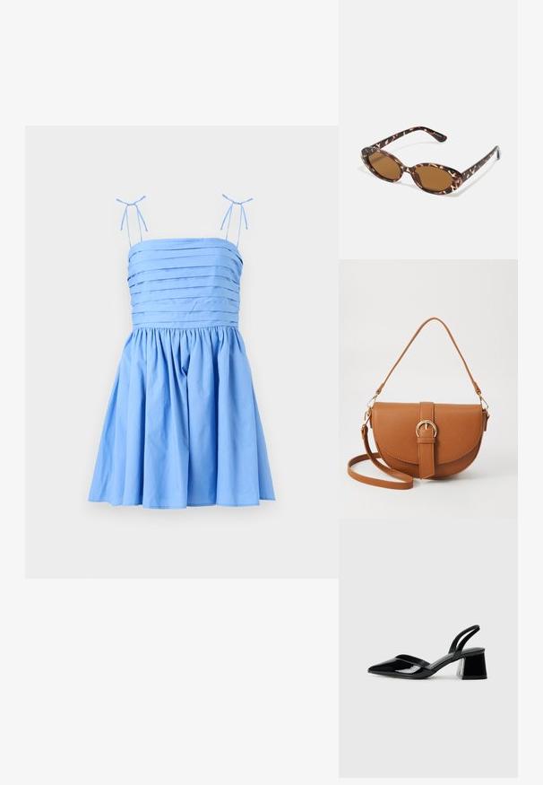 Vestido azul claro com alças finas e ajustáveis. Apresenta um corpete plissado e uma saia franzida, feito de um tecido liso e suave.; Sandy em verniz preto com salto slingback, ponta afilada e salto geométrico. Apresenta um design elegante e minimalista com textura suave.; Óculos de sol em tartaruga com lentes ovais, com tonalidade castanha, hastes finas com padrão texturizado, estrutura leve em plástico.; Bolsa transversal de couro castanho com um formato curvado, ferragens douradas e um detalhe de fivela. Inclui uma alça de ombro destacável.