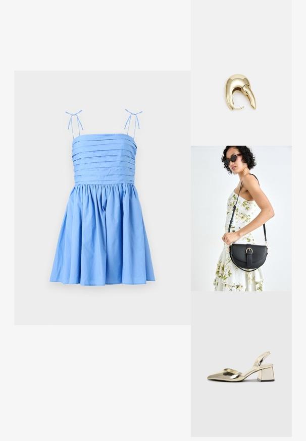 Lys blå kjole med tynne, justerbare stropper. Har et plisserte liv og en samlet skjørt, laget av et glatt, mykt stoff.; Gull, metallisk slingback-hæler med spiss tå og chunky hæl. Glatt tekstur, minimalistisk design og en smal stropp.; Svart lærveske med en buet form, avtagbar stropp og gullbeslag. Vesken har et klaff med spenne-detall.; Gullfarget metalløredobber med et elegant, buet design. Har en karakteristisk spiss form, polert overflate og hengsel-lukking.