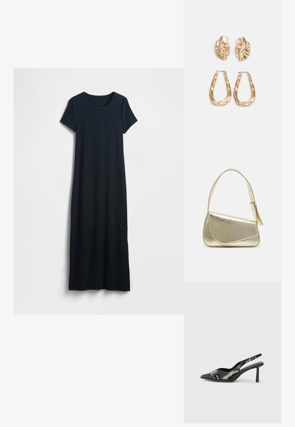 Navy blue, knee-length dress made of soft jersey fabric. Features a round neckline and short sleeves, with a simple, straight silhouette.; Black patent leather slingback shoe with pointed toe, ankle straps featuring silver buckles and hardware, and a slender heel.; Gold metallic handbag with a structured design, smooth texture, and adjustable strap. Features a unique triangular shape and minimalist stitching.; Gold-tone earrings featuring textured, wavy shapes. Includes sculptural clip-on studs and open hoop design with a hammered finish.