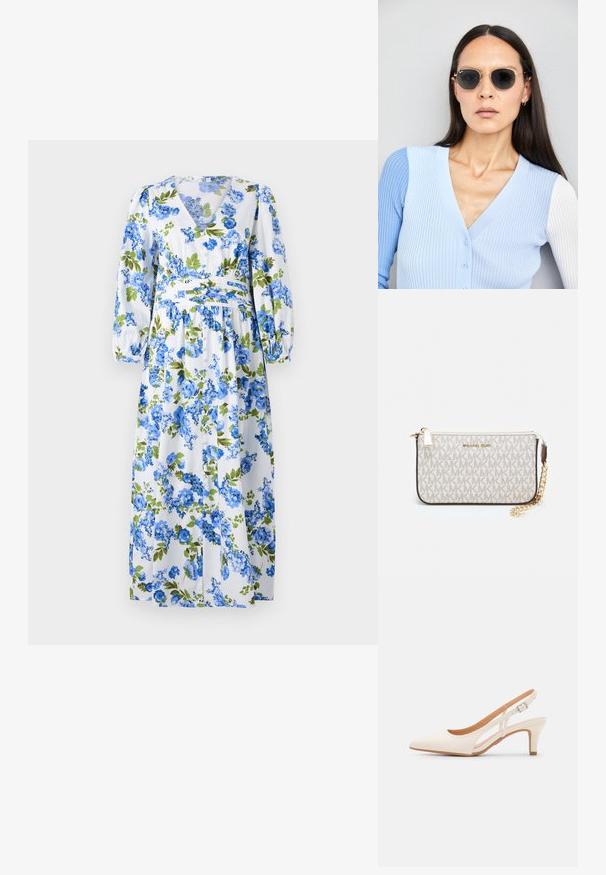 Kukallinen maksimekko, jossa on valkoinen tausta sinisillä ja vihreillä kukkakuviolla, V-pääntie, pitkät puffhihet ja kireä vyötärö.; Valkoinen slingback-korkokenkä, jossa on terävä kärki, sileä päällismateriaali, matala lohkokorko ja sivuaukko-design säädettävällä soljella.; Pyöreät aurinkolasit, joissa on tummat linssit ja kultaiset kehykset. Mallilla on päällään vaaleansininen, ribatusta materiaalista valmistettu neuletakki, jossa on napit ja kontrastiväriset valkoiset hihat.; Michael Kors kääröbeige pinnoitettua kangasta, jossa on toistuva MK-logo -kuvio, kultaiset yksityiskohdat ja irrotettava ketjuhihna.