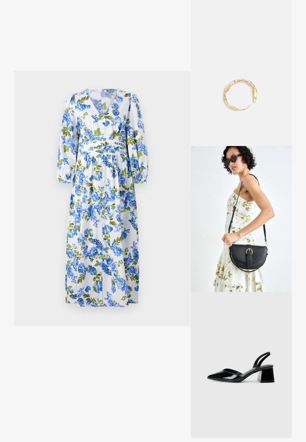 Ziedu maxi kleita ar baltu fona, zilām un zaļām ziedu rakstiem, V veida dekoltē, garām puff piedurknēm un pieguļošu vidukli.; Melna lakota āda ar atvērto papēdi, ar smailu purngalu un ģeometrisku blokpapēdi. Iezīmējas elegants, minimāls dizains un gluda tekstūra.; Melnas ādas rokassoma ar izliekta formu, noņemamu siksnu un zelta aksesuāriem. Somai ir vāciņš ar sprādzes detaļu.; Zelta toņa gredzens ar organisku, vērptu dizainu, gludu virsmu un sašaurinātiem galiem, radot mūsdienīgu, skulpturālu izskatu.