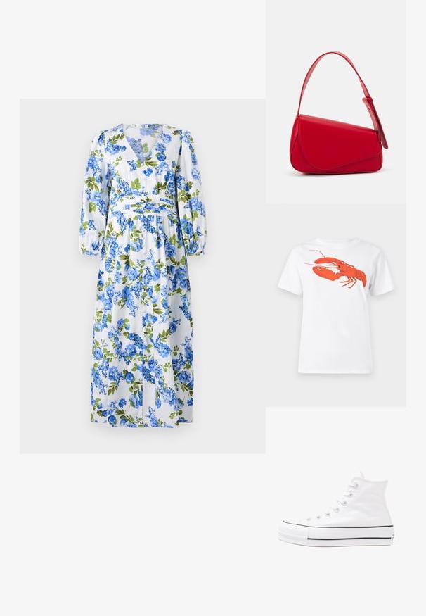 Vestido maxi floral com um fundo branco e padrões de flores azuis e verdes, decote em V, mangas longas balonê e cintura ajustada.; Camiseta de algodão branca com um grande gráfico de lagosta vermelha brilhante na frente. Mangas curtas e design de gola redonda padrão.; Sapatilha alta de tela branca com sola de borracha preta, bico de borracha na frente e seis ilhós para os atacadores, apresentando um design limpo e minimalista.; Bolsa de mão em couro vermelho com um design angular e geométrico. Apresenta uma única alça ajustável e um fecho com aba, com detalhes cosidos.