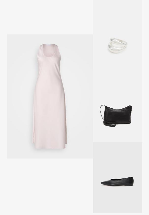 Heled roosa satiinkleit, millel on ilma varrukateta disain, ruudukujuline kaelus ja voolav siluett, mis ulatub pahkluuni. Sile tekstuur.; Musthave mustris balletkingad, terav nina, minimaliseeritud disain, sile pind, madal konts, ilma nähtava riistvara või kaunistusteta.; Mustmust nahk õlakotil on sile tekstuur, kumer kuju, reguleeritav rihm ja lukuga sulgemine. Minimalistlik disain ilma kaunistusteta.; Hõbedane kahekordne rõngas sujuva, poleeritud pinnaga. Omab voolavat, kõverat disaini, millel on kattuvad sektsioonid, et saavutada kaasaegne ilme.