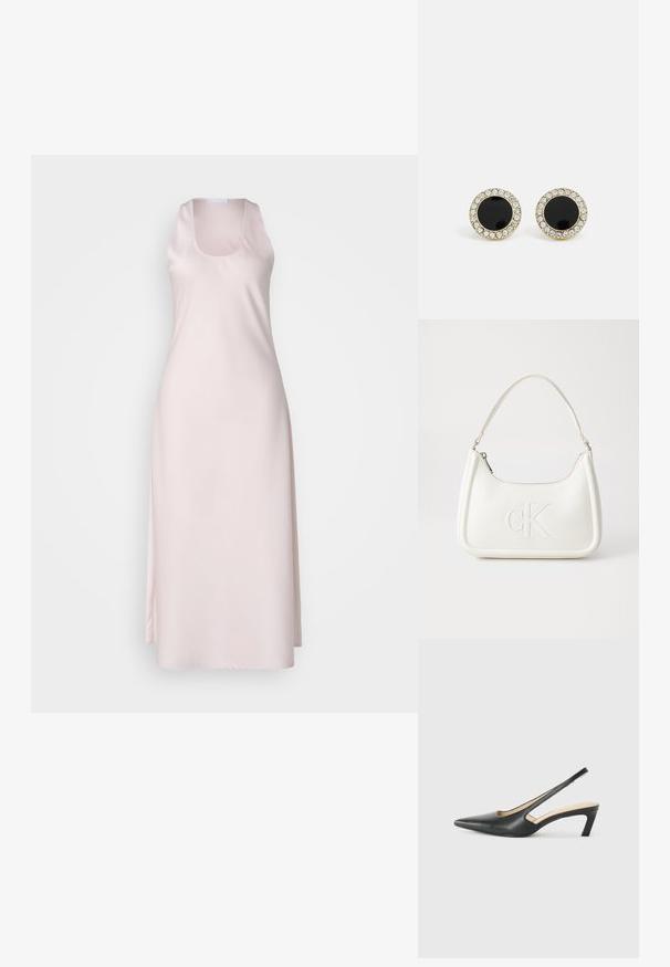 Gaiši rozā satīna kleita ar bezpiedurkņu dizainu, kvadrātveida izgriezumu un plūstošu siluetu, kas sasniedz potītes. Gluda tekstūra.; Melna, ar smailu purngalu, slingback kurpe ar zemu papēdi, izgatavota no gludas ādas materiāla un ar izgriezumiem sānos gaisa caurlaidībai.; Balta ādas rokassoma ar noapaļotu formu, uz kuras priekšpuses ir izgriezts "CK" logo un viena plecu siksna. Augšā aizverama ar rāvējslēdzēju.; DKNY INLAY STUD - Auskari - black/gold-coloured