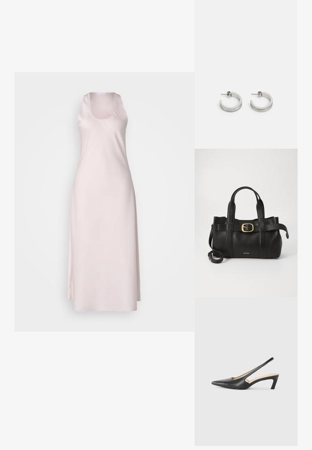 Világos rózsaszín selyemruha ujjatlan fazonnal, négyzet alakú nyakkivágással és bokáig érő, lágyan omló sziluettel. Simá szövete van.; Fekete, hegyes orrú, slingback cipő alacsony sarkával, sima bőrből készült, oldalt kivágott deisgnal a légáteresztőképesség érdekében.; Fekete bőr kézitáska, amely strukturált kialakítással rendelkezik, dupla felső fogantyúval, arany tónusú csattal és a márka dombornyomott logójával az elején.; Ezüst karika fülbevaló, sima felülettel, az alsó széleken egy sor apró, tiszta kővel, és hátulról rögzített záródással.